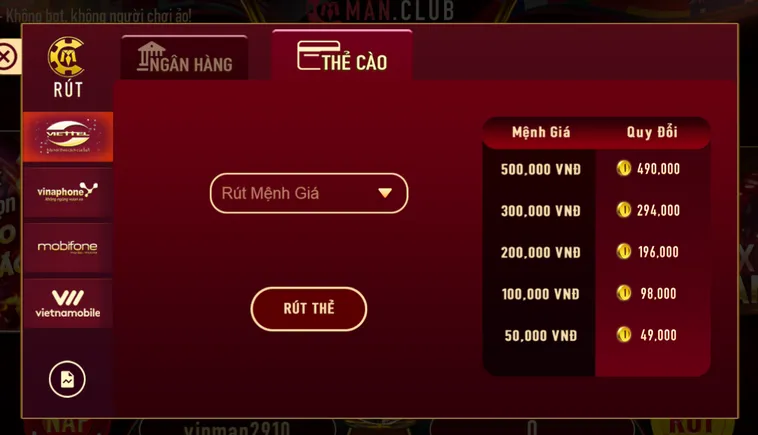 Rút Tiền Bằng Thẻ Cào ManClub Đảm Bảo Độ Bảo Mật Cao